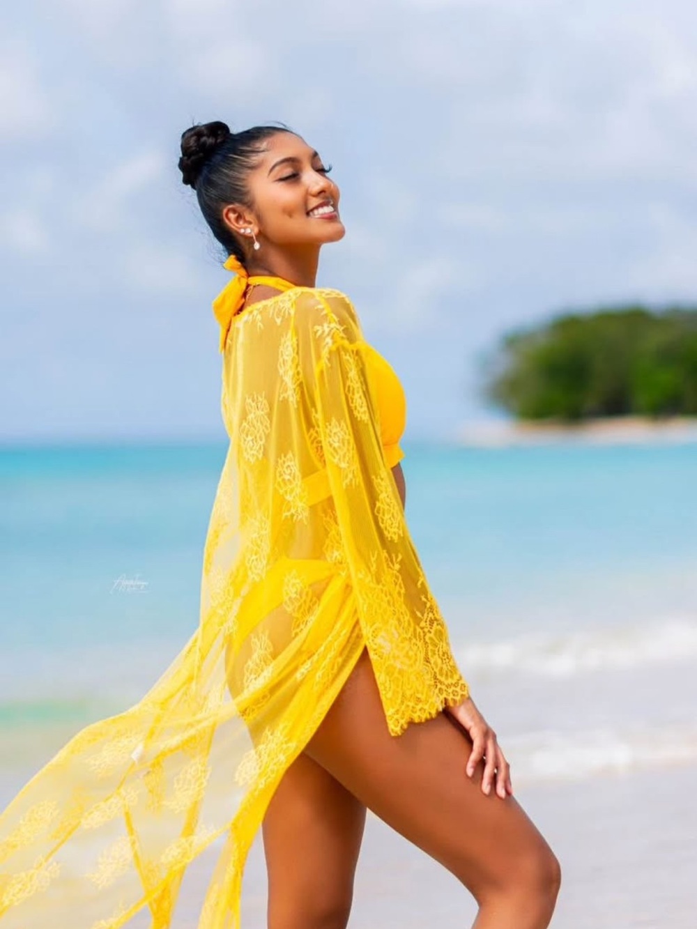 Yellow Sheer Lace Swim Cover-Up Women Kimono